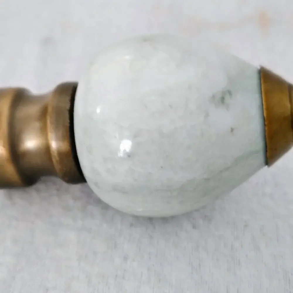 Vintage Brass Green Gray Marble Swirl Curtain Rod Finial Pair Drapery MCM Lamp
